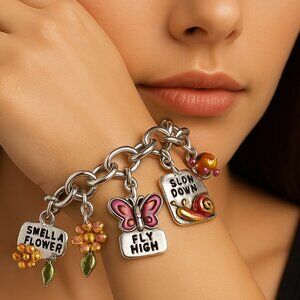 Whimsical Silver-Tone Charm Bracelet – Colorful Inspirational Pendants, Jewelry